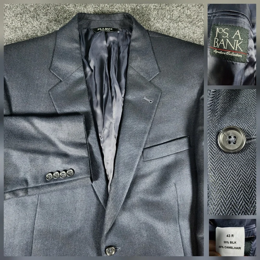 Jos A Banks Mens 43R Navy Blue Herringbone Sport Coat Blazer Silk & Camel‎ Hair